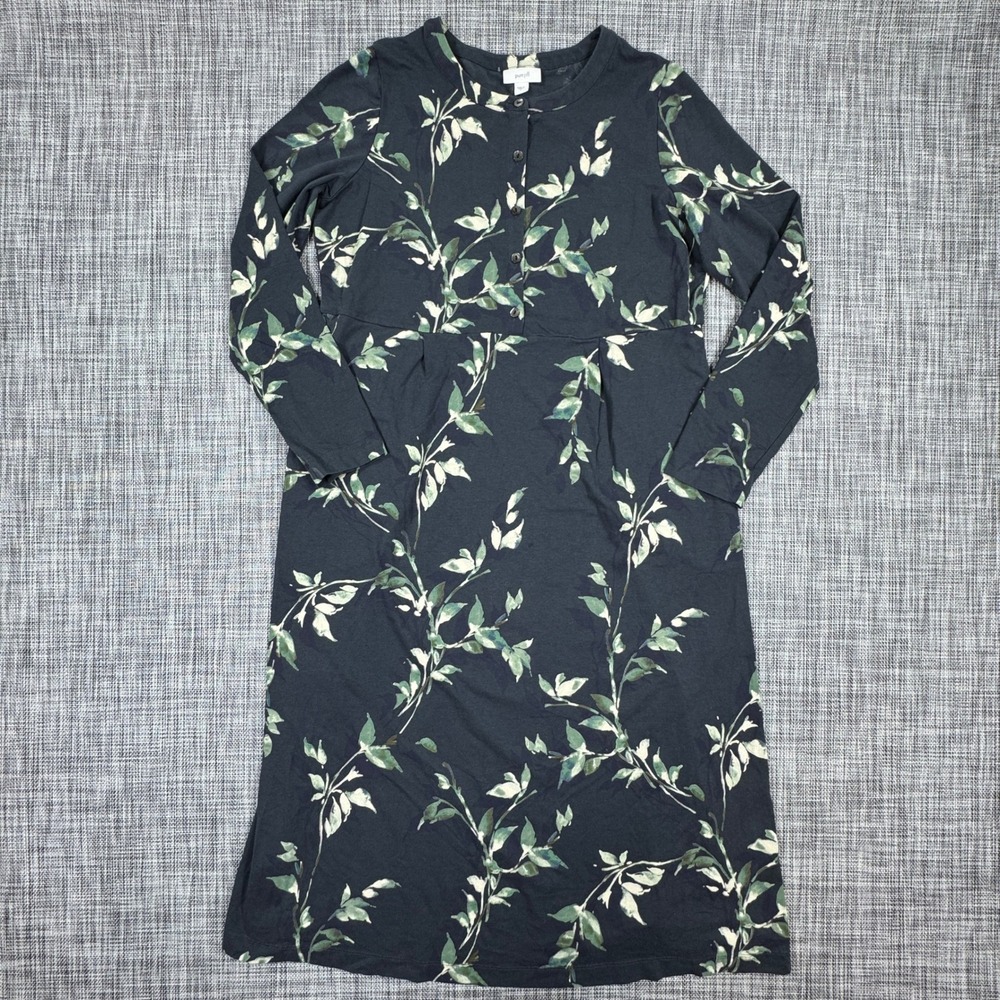 Pure Jill Womens Small Navy Botanical Henley Midi Dress Cotton Modal Long Sleeve